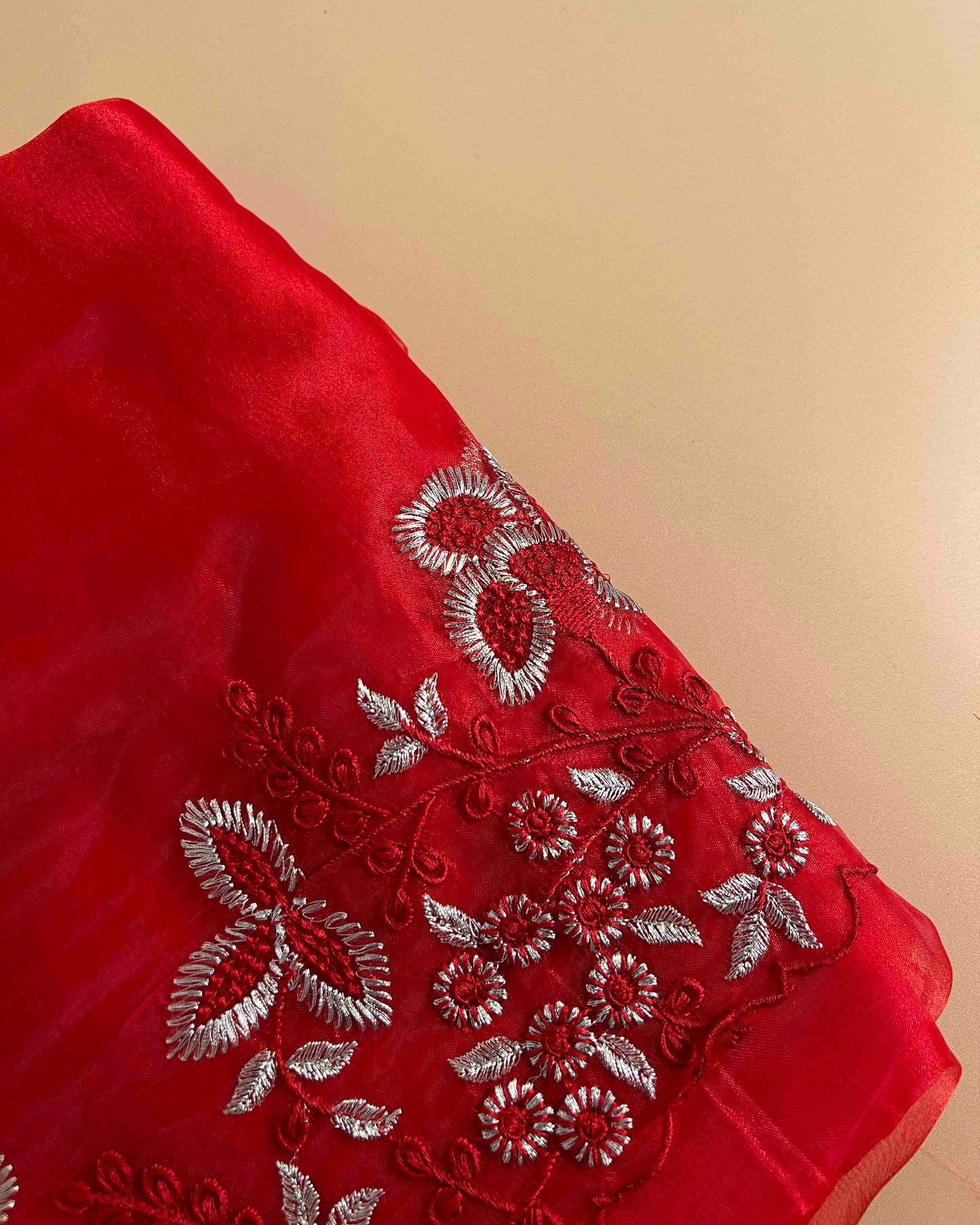 Irya Cherry Red Organza Saree with Silver Embroidery
