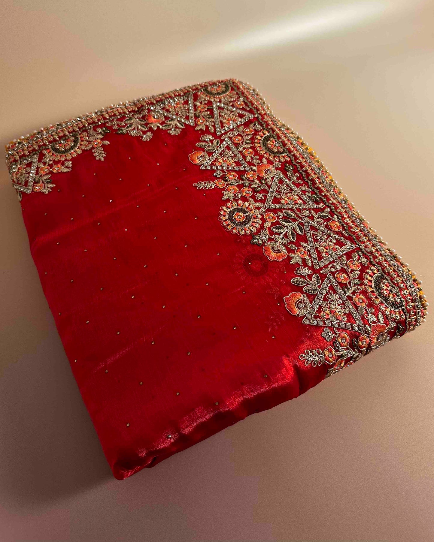 Kahani Red Chiffon Silk Saree with Embroidery Border