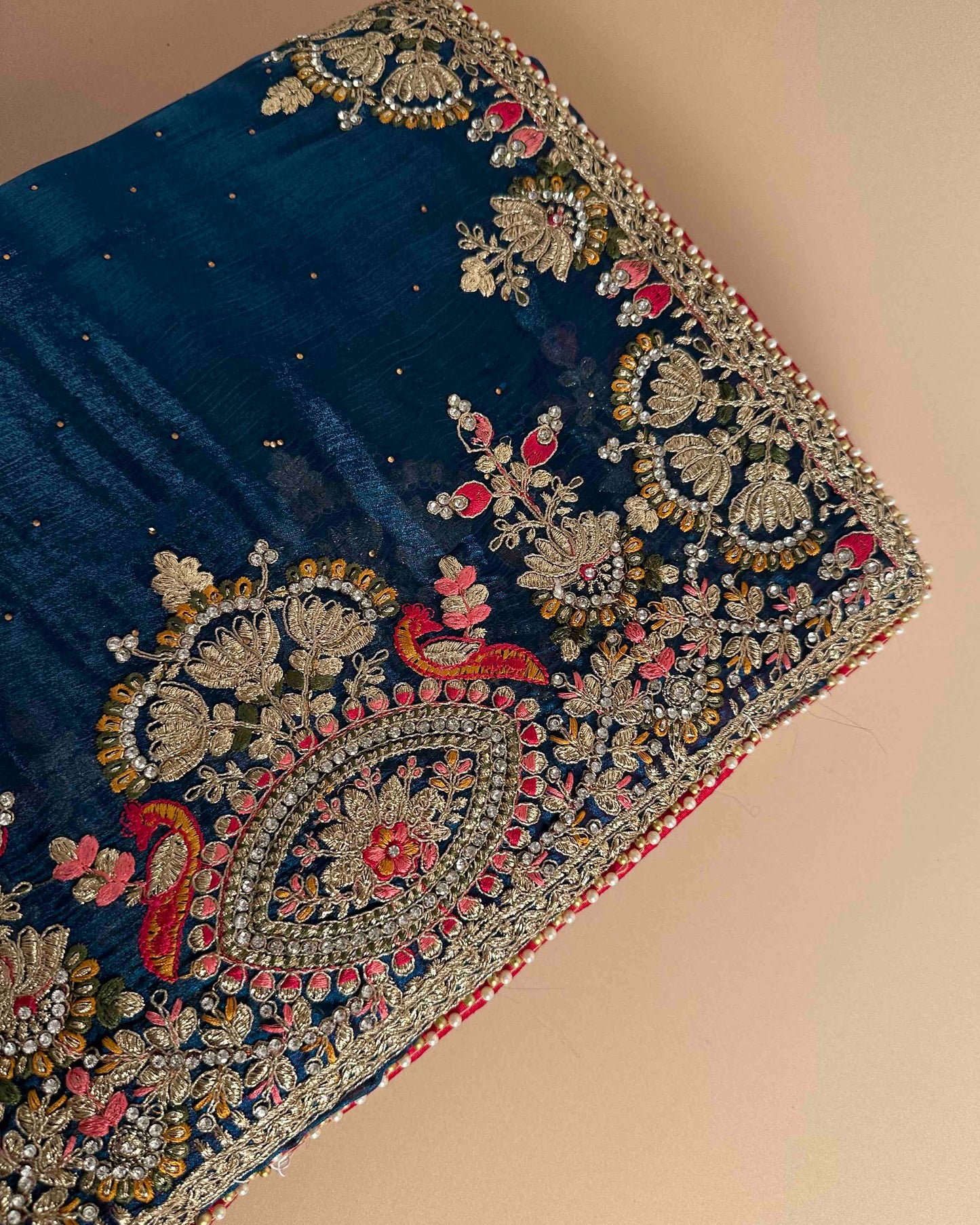 Kahani Teal Chiffon Silk Saree with Embroidery Border