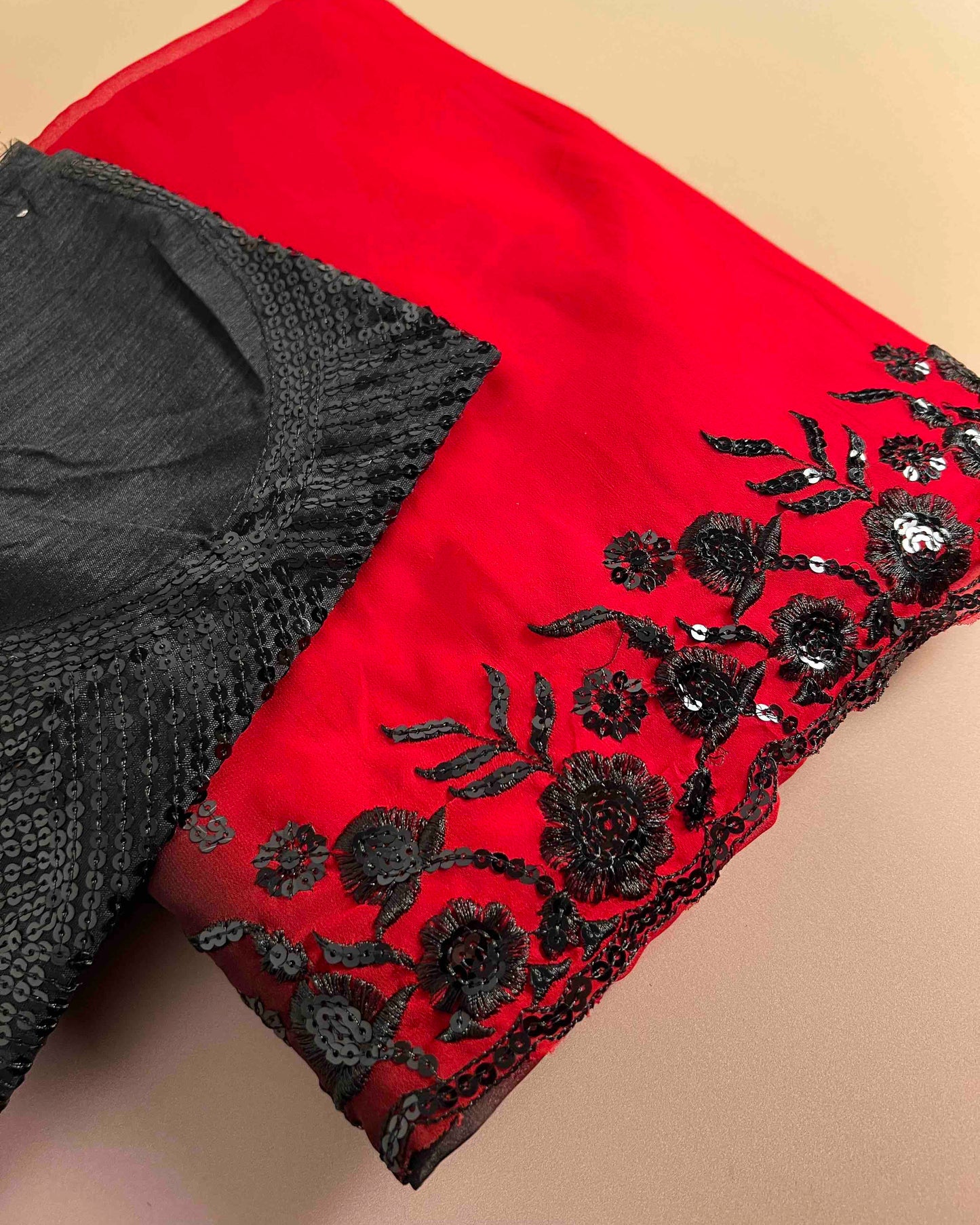 Kahini Red Georgette Saree with Black Embroidery