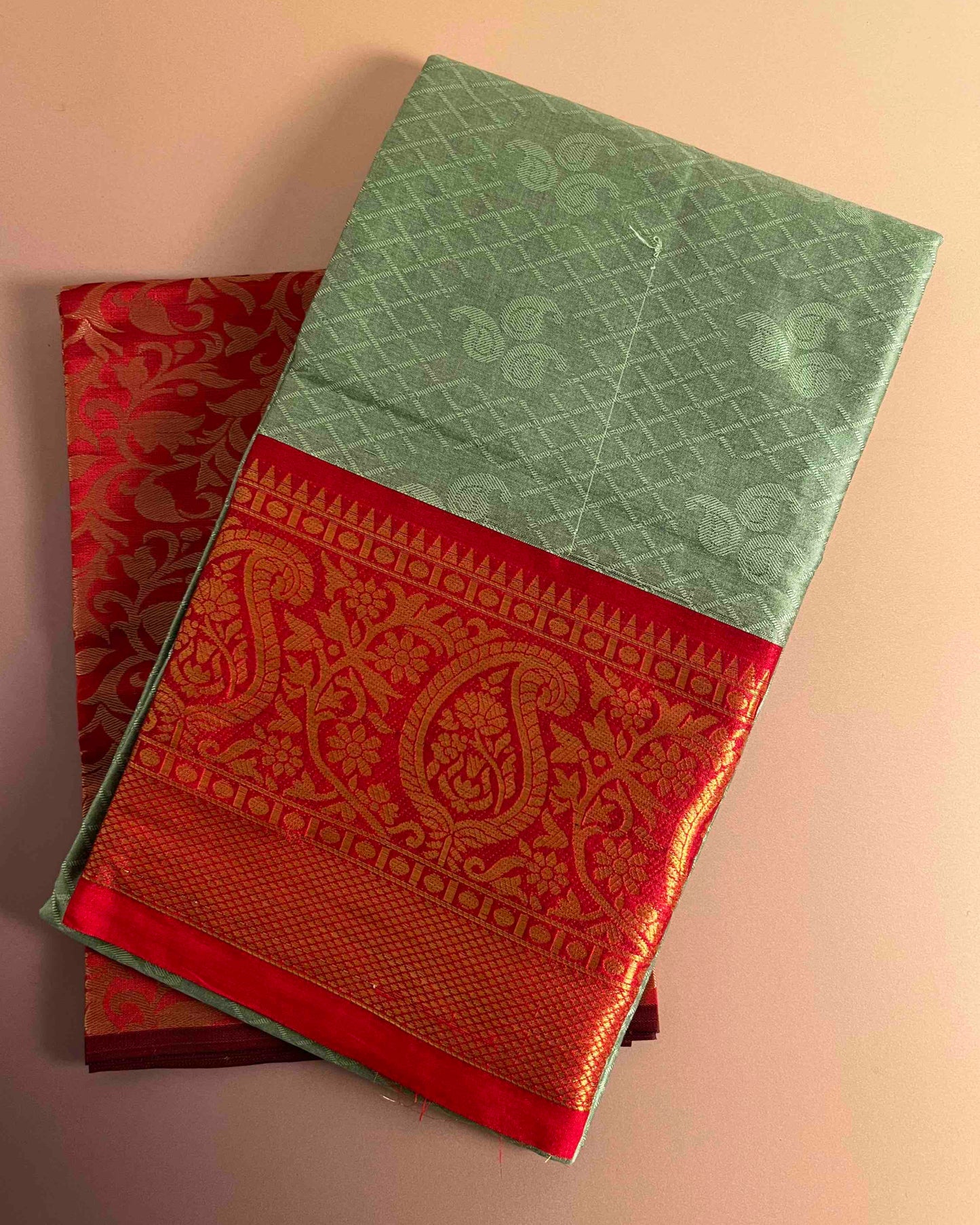 Kavya Mint Green Banarasi Silk Saree with Red Brocade Embroidery Border