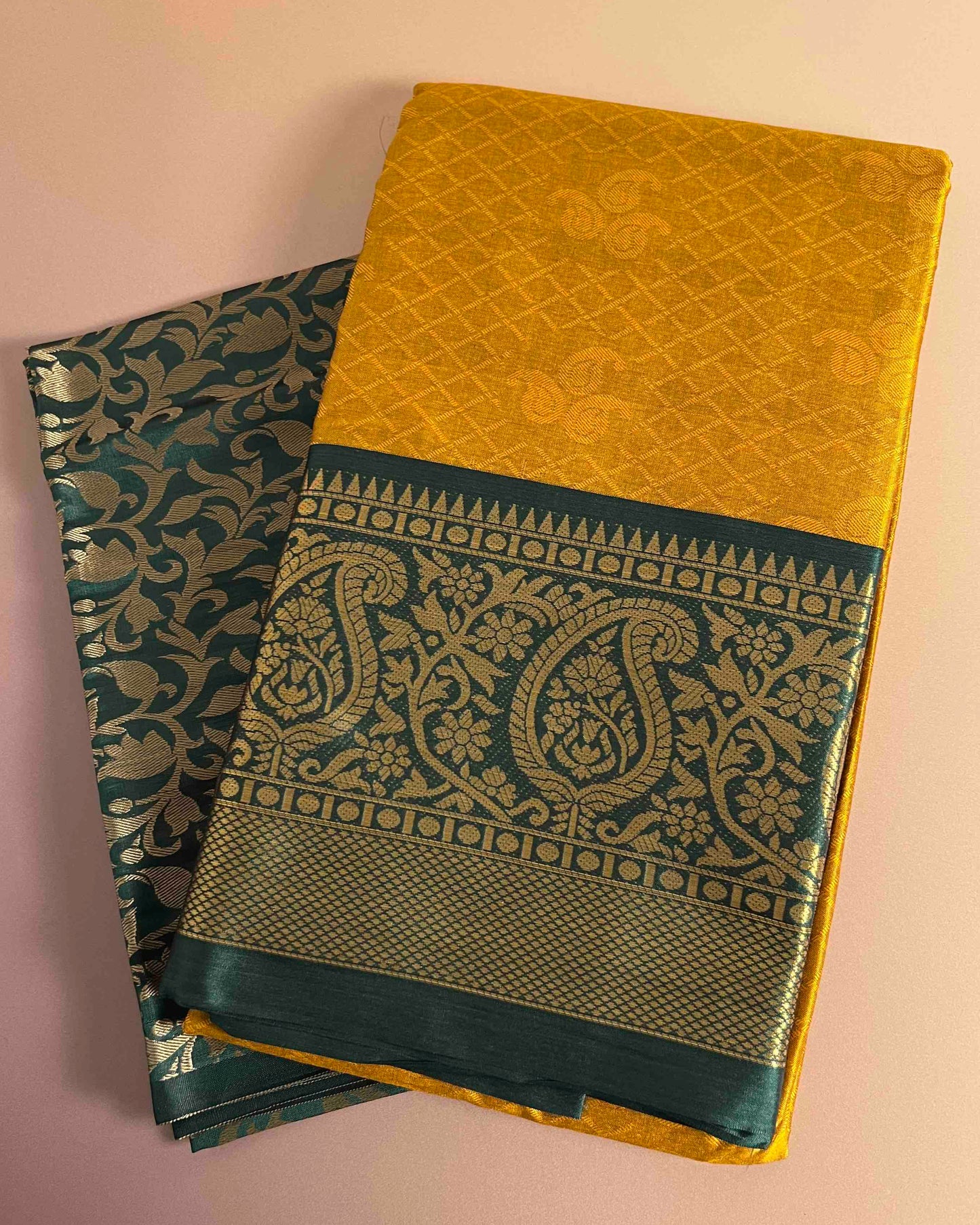 Kavya Mustard Banarasi Silk Saree with Dark Green Brocade Embroidery Border
