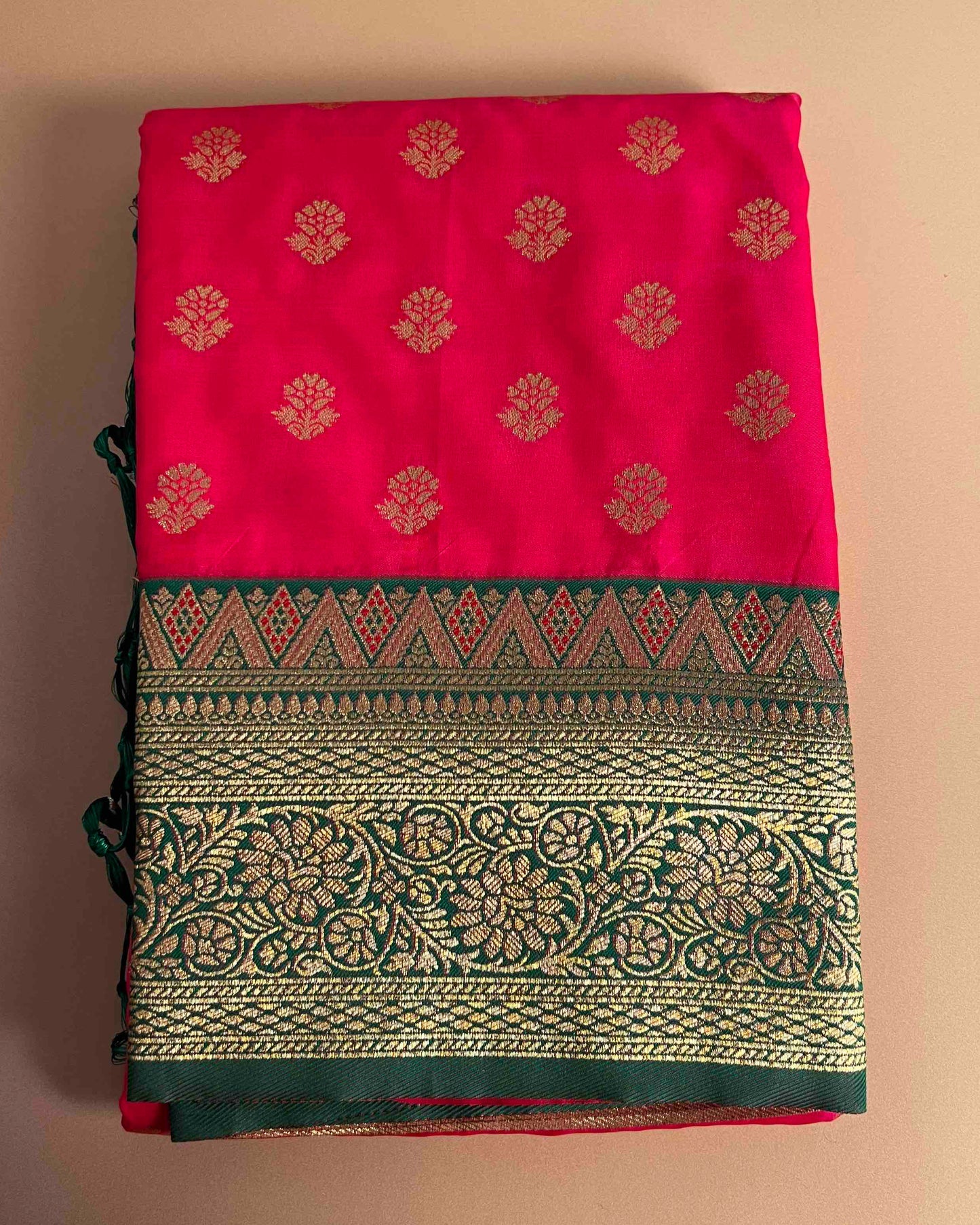 Prerna Rani Pink Banarasi Silk with Green and Gold Brocade Embroidery Border