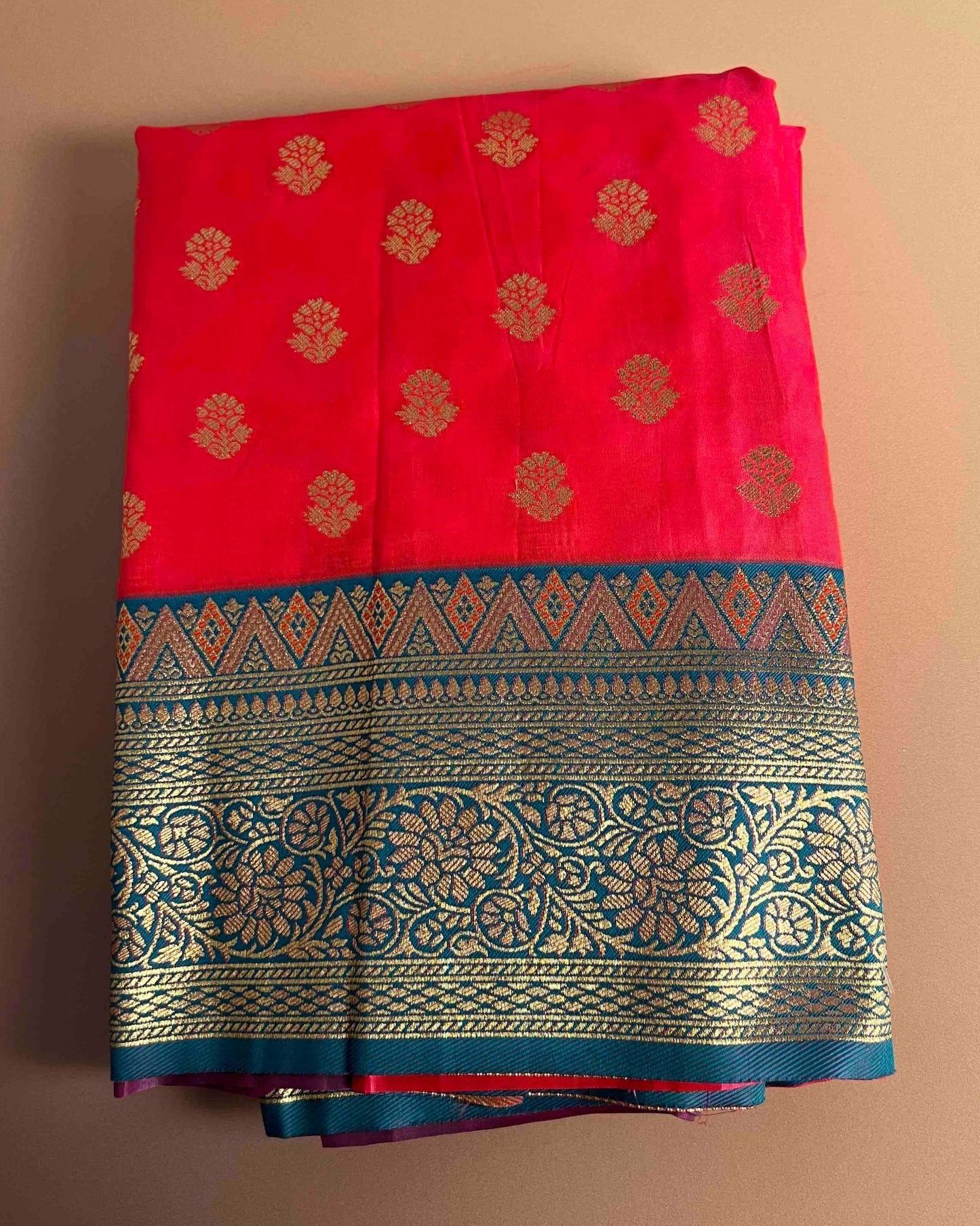 Prerna Bright Pink Banarasi Silk with Teal and Gold Brocade Embroidery Border