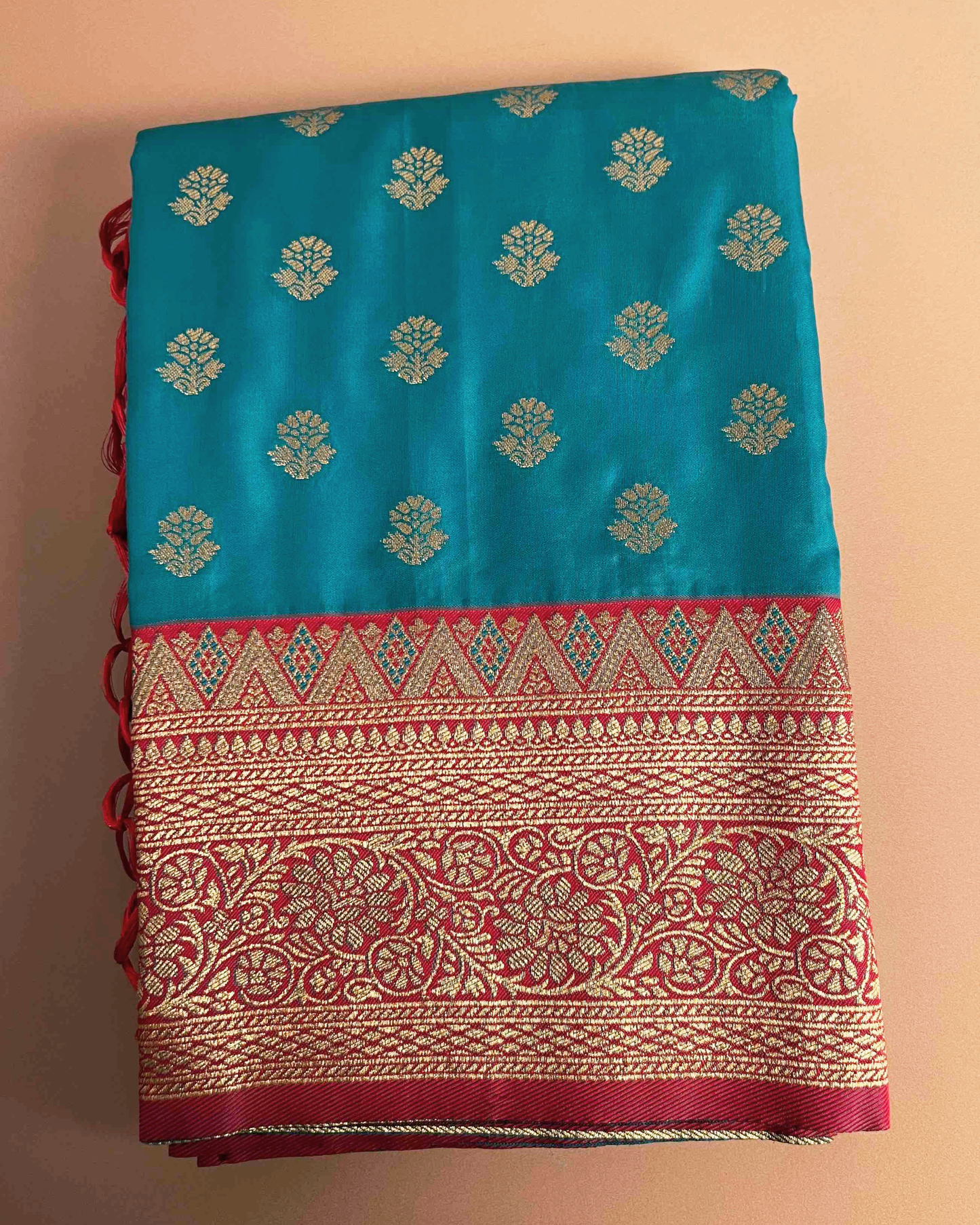 Prerna Teal Banarasi Silk with Red and Gold Brocade Embroidery Border