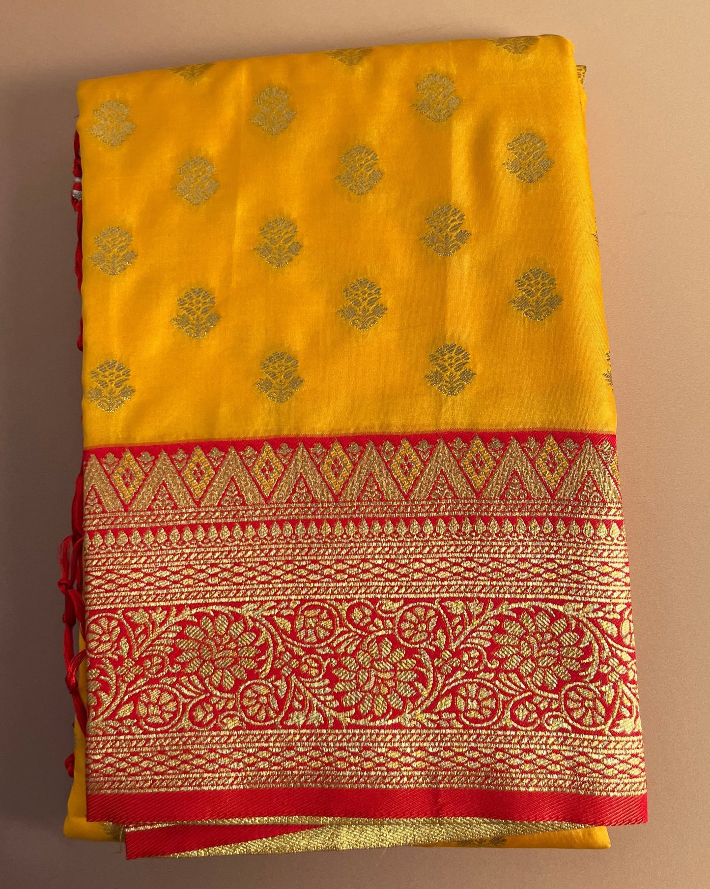 Prerna Yellow Banarasi Silk with Red and Gold Brocade Embroidery Border