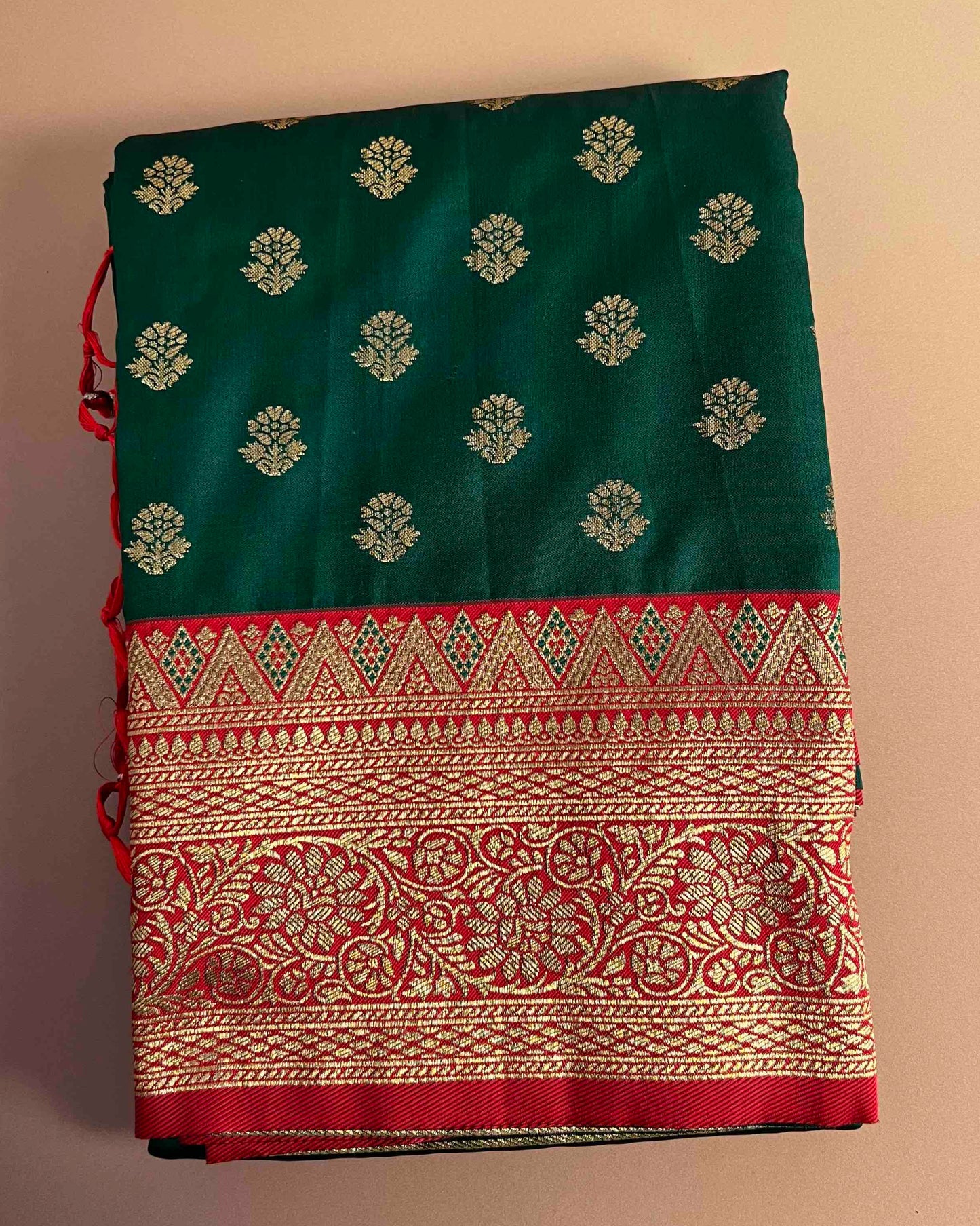 Prerna Bottle Green Banarasi Silk with Red and Gold Brocade Embroidery Border